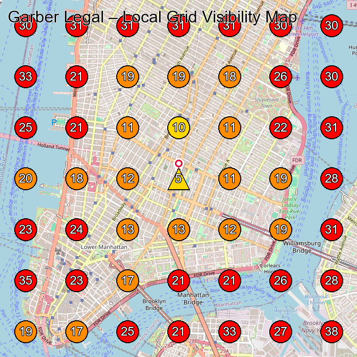 Garber Legal GeoGrid visibility map for Personal Injury Attorney in New York